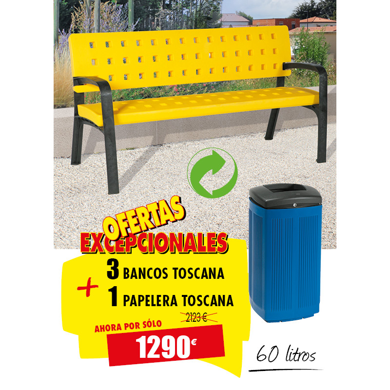 3 BANCOS PARA PLAZAS Y 1 PAPELERA TOSCANA