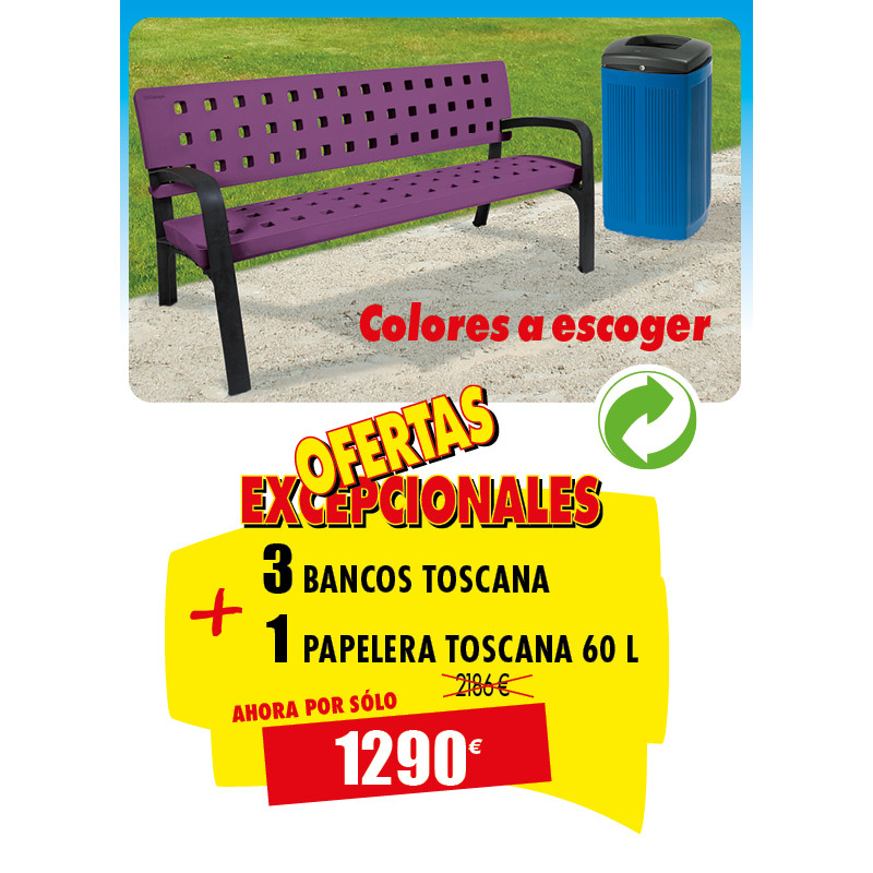 3 BANCOS PARA PLAZAS Y 1 PAPELERA TOSCANA
