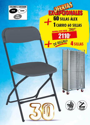 60 SILLAS PLEGABLES ÁLEX + 1 CARRO + DE REGALO 4 SILLAS