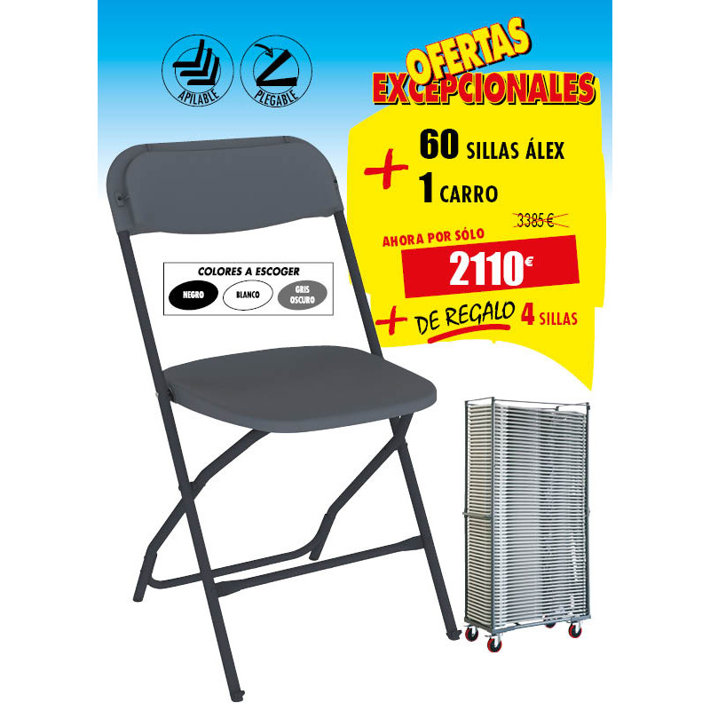 60 SILLAS PLEGABLES ÁLEX + 1 CARRO + DE REGALO 4 SILLAS