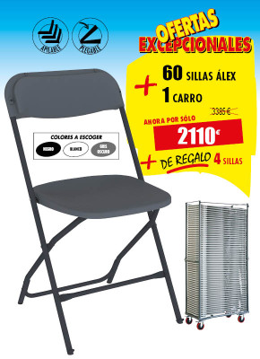 60 SILLAS PLEGABLES ÁLEX + 1 CARRO + DE REGALO 4 SILLAS