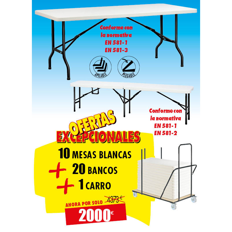 10 MESAS DE POLIETILENO + 20 BANCOS + 1 CARRO