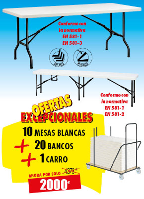 10 MESAS DE POLIETILENO + 20 BANCOS + 1 CARRO