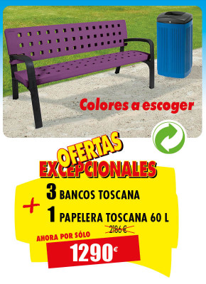 3 BANCOS PARA PLAZAS + 1 PAPELERA TOSCANA