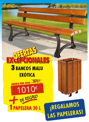 3 BANCOS PARA PARQUES MALU + 1 PAPELERA 30 L